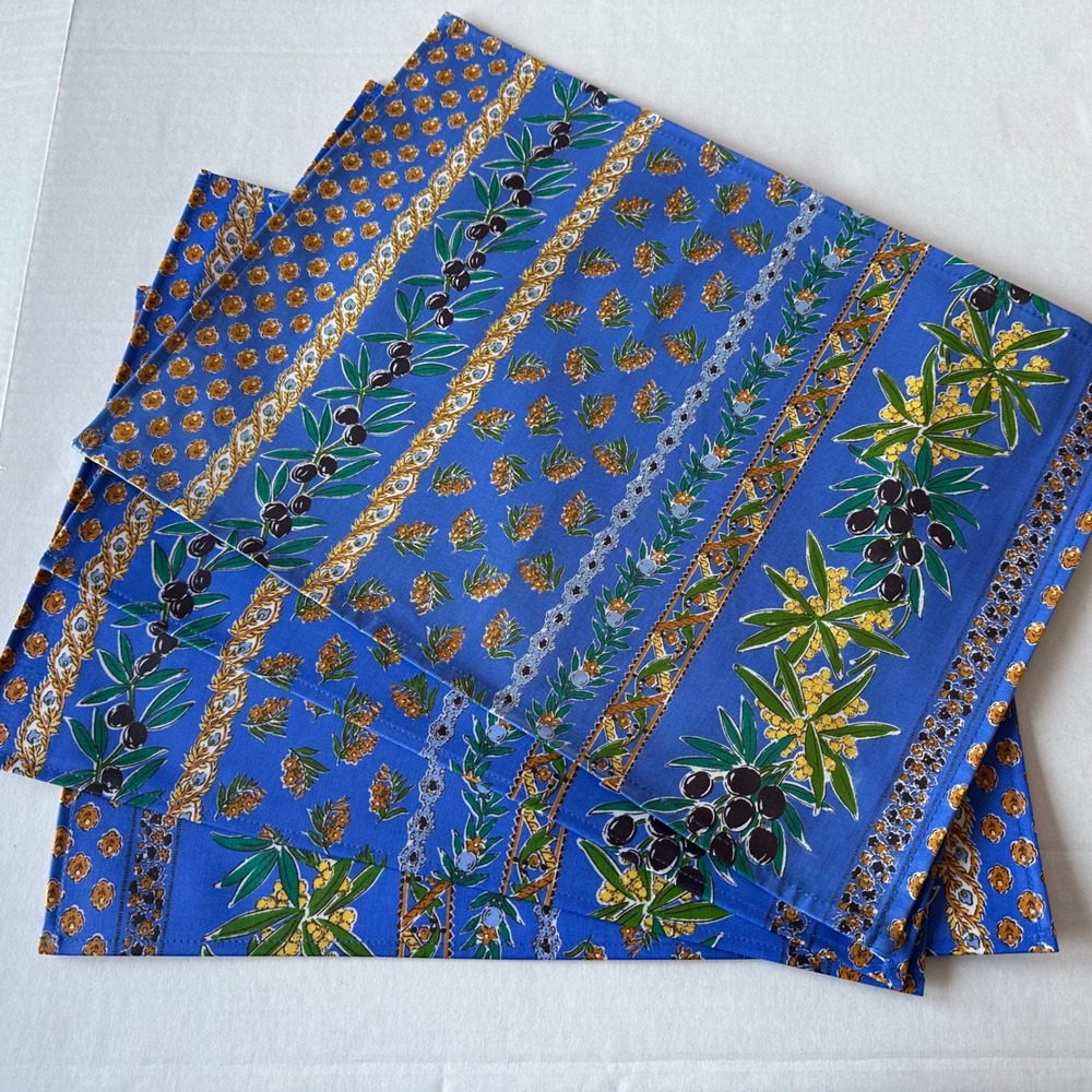 Le Cluny French Provencal Blue Olive  Coated Cotton Placemats Set of 4 France